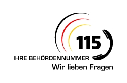 Logo des 115 Dienstes mit dem Text "Ihre Behördennummer - Wir lieben Fragen"