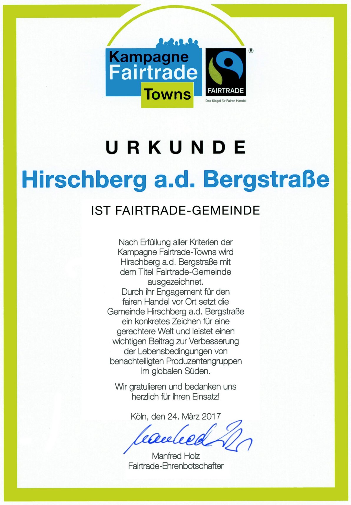 Urkunde als FairTrade Gemeinde