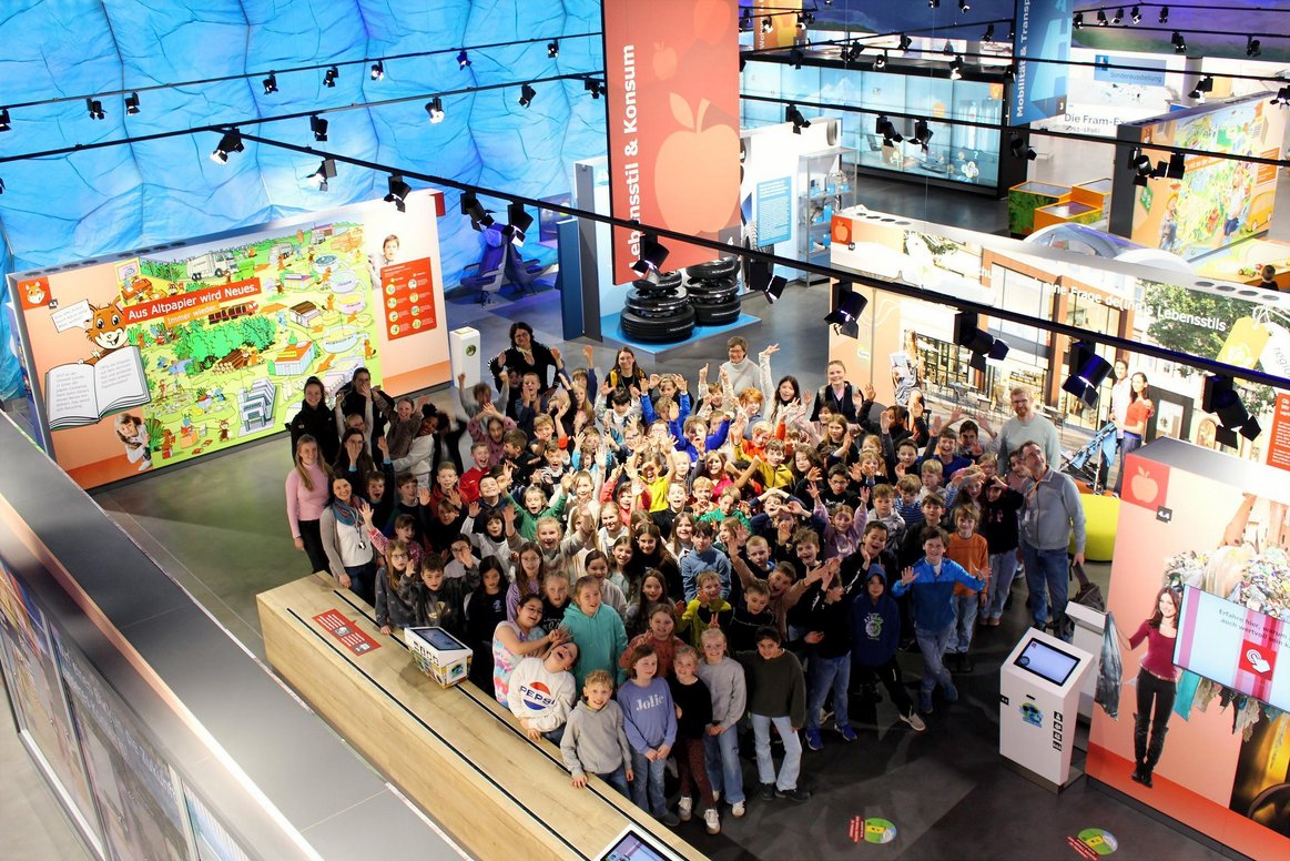 Klima Arena 2026 Über 100 Schülerinnen und Schüler der dritten Klassen der Hirschberger Grundschulen in der Austellung der Klima Arena in Sinsheim von oben fotografiert