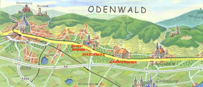 gezeichneter Lageplan / Ansicht der Bergstraßengemeinden von Weinheim bis Schriesheim