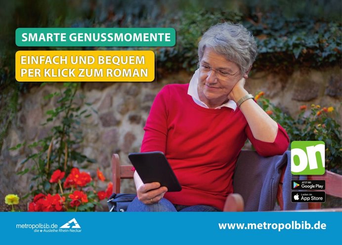 Werbeplakat Onleihe - Eine Frau liest im Garten im E-Book-Reader